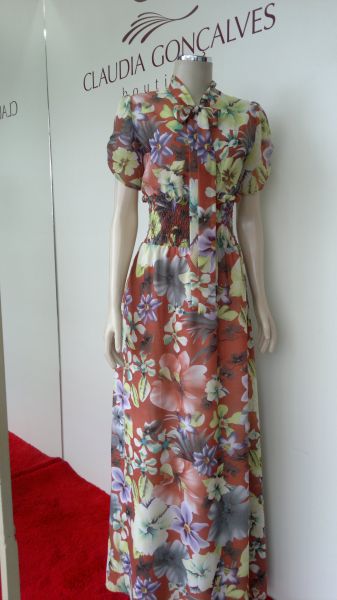 Vestido Longo Floral Gola Laço Marrom G Ref.2508